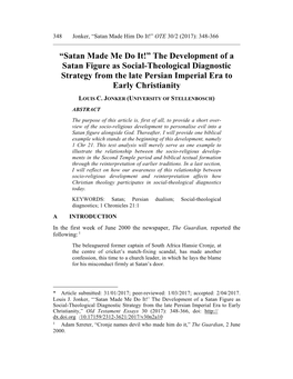 The Development of a Satan Figure As Social-Theological Diagnostic Strategy from the Late Persian Imperial Era to Early Christianity