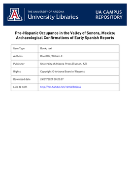 Pre-Hispanic Occupance in the Valley of Sonora, Mexico: Archaeological Confirmations of Early Spanish Reports