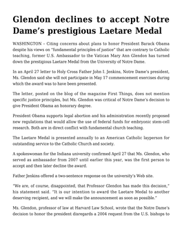 Glendon Declines to Accept Notre Dame's Prestigious Laetare Medal