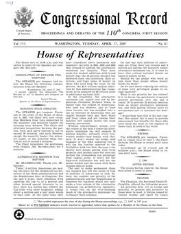 Congressional Record United States Th of America PROCEEDINGS and DEBATES of the 110 CONGRESS, FIRST SESSION