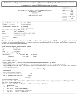 The Securities and Exchange Commission Has Not Necessarily Reviewed the Information in This Filing and Has Not Determined If It Is Accurate and Complete