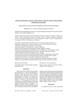 Mitochondrial Dna D-Loop Analysis of South Western Nigerian Chicken