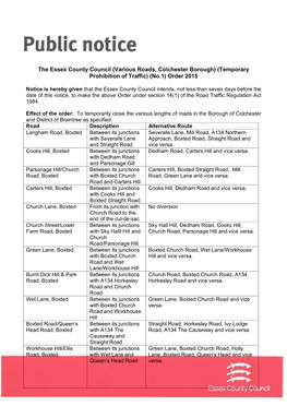 The Essex County Council (Various Roads, Colchester Borough) (Temporary Prohibition of Traffic) (No.1) Order 2015