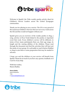 Welcome to Spark2, the Tribe Weekly Parsha Activity Sheet for Children's Service Leaders Across the United Synagogue Communiti