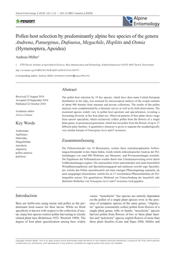 ﻿﻿Pollen Host Selection by Predominantly Alpine Bee Species of the Genera Andrena, Panurginus, Dufourea, Megachile, Hoplitis