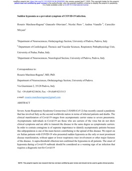 Sudden Hyposmia As a Prevalent Symptom of COVID-19 Infection