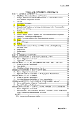 Section 1.10 August 2010 1 TERMS and CONDITIONS of ENTRY
