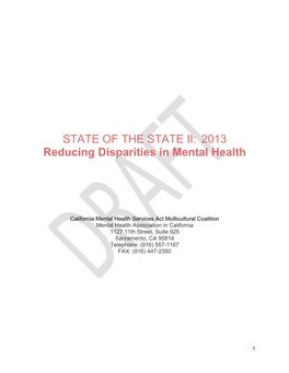 STATE of the STATE II: 2013 Reducing Disparities in Mental Health