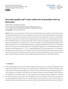 Jarzynski Equality and Crooks Relation for Local Models of Air-Sea Interaction Achim Wirth1 and Florian Lemarié:2 1Univ