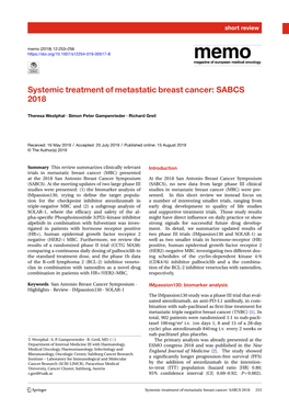 Systemic Treatment of Metastatic Breast Cancer: SABCS 2018