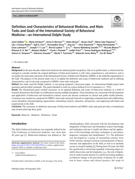 Definition and Characteristics of Behavioral Medicine, and Main Tasks and Goals of the International Society of Behavioral Medicine—An International Delphi Study