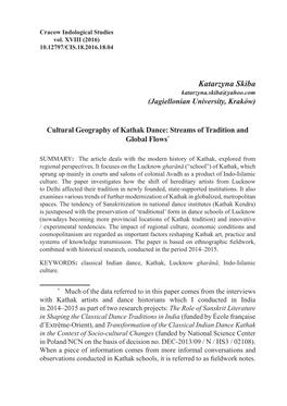 Cultural Geography of Kathak Dance: Streams of Tradition and Global Flows*