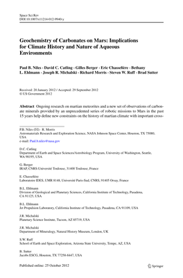 Geochemistry of Carbonates on Mars: Implications for Climate History and Nature of Aqueous Environments