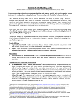 Benefits of Tribal Building Codes This Document Was Created by the Tribal Green Building Codes Workgroup, 2012