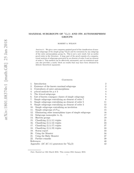 Arxiv:1801.08374V1 [Math.GR] 25 Jan 2018 AIA UGOP of SUBGROUPS MAXIMAL Pedx (2 Appendix: Remarks References Further Monster Baby the 22