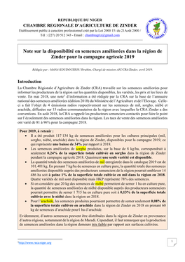 Note Sur La Disponibilité En Semences Améliorées Dans La Région De Zinder Pour La Campagne Agricole 2019