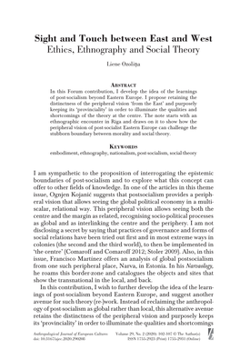 Sight and Touch Between East and West Ethics, Ethnography and Social Theory