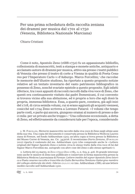 Per Una Prima Schedatura Della Raccolta Zeniana Dei Drammi Per Musica Dal 1701 Al 1750 (Venezia, Biblioteca Nazionale Marciana)