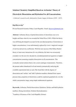 Solution Chemistry Simplified Based on Arrhenius' Theory of Electrolytic