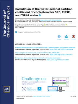 Calculation of the Water-Octanol Partition Coefficient of Cholesterol for SPC, TIP3P, and TIP4P Water