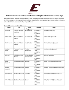 Eastern Kentucky University Sports Medicine Visiting Team Professional Courtesy Page
