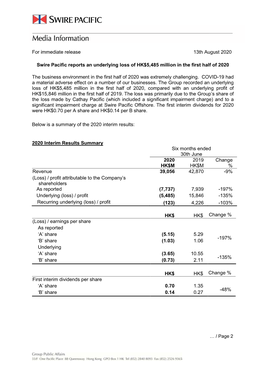 For Immediate Release 13Th August 2020 Swire Pacific Reports an Underlying Loss of HK$5,485 Million in the First Half of 2020 Th