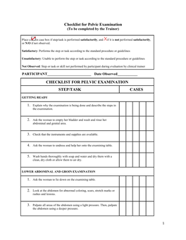 Checklist for Pelvic Examination (To Be Completed by the Trainer)