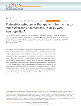 Platelet-Targeted Gene Therapy with Human Factor VIII Establishes Haemostasis in Dogs with Haemophilia A