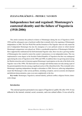 Montenegro's Contested Identity and the Failure of Yugoslavia