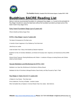 SACRE Reading List [Items in Bold Are Recommended Foundation for Subsequent Key Stages, I.E