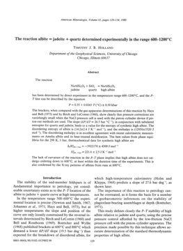The Reaction Albite = Jadeite * Quartz Determined Experimentally in The