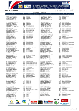 ROUTE - ESPOIRS Dimanche 23 Août 2015 - 140 Partant(E)S - 168,1Km Liste Des Partants Dos Nom Prénom Com