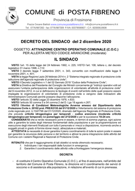 Provincia Di Frosinone Piazza Cesare Battisti Info@Comune.Postafibreno.Fr.It Tel