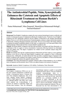 The Antimicrobial Peptide, Nisin, Synergistically Enhances the Cytotoxic and Apoptotic Effects of Rituximab Treatment on Human Burkitt’S Lymphoma Cell Lines