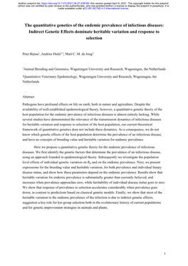 The Quantitative Genetics of the Endemic Prevalence of Infectious Diseases: Indirect Genetic Effects Dominate Heritable Variation and Response to Selection