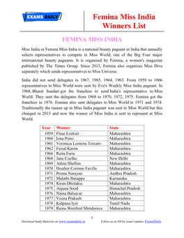 Femina Miss India Winners List