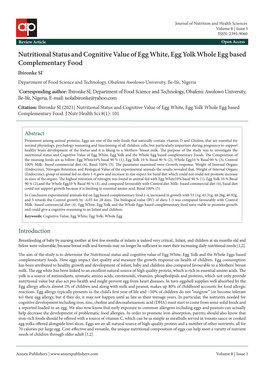 Nutritional Status and Cognitive Value of Egg White, Egg Yolk Whole Egg