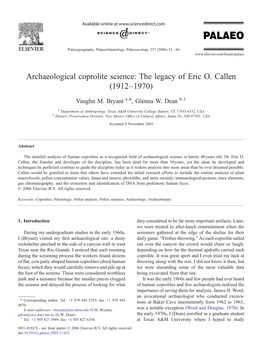 Archaeological Coprolite Science: the Legacy of Eric O. Callen (1912–1970) ⁎ Vaughn M