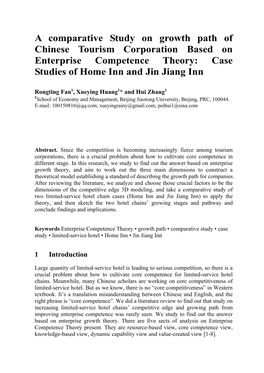 A Comparative Study on Growth Path of Chinese Tourism Corporation Based on Enterprise Competence Theory: Case Studies of Home Inn and Jin Jiang Inn