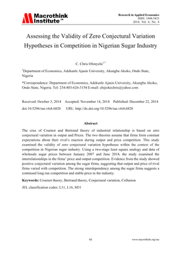 Assessing the Validity of Zero Conjectural Variation Hypotheses in Competition in Nigerian Sugar Industry