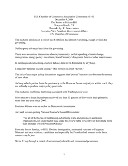 U.S. Chamber of Commerce Association Committee of 100 December 9, 2014 the Resort at Pelican Hill Newport Beach, CA Remarks By: R