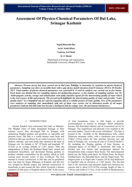 Assessment of Physico-Chemical Parameters of Dal Lake, Srinagar Kashmir