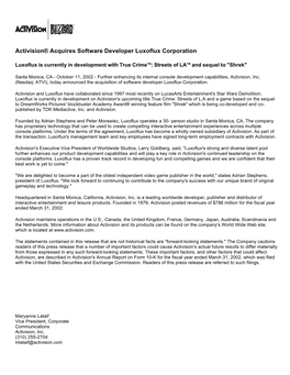 Activision® Acquires Software Developer Luxoflux Corporation