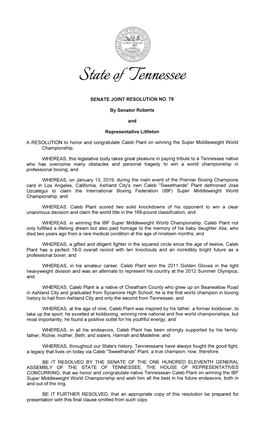 A RESOLUTION to Honor and Congratulate Caleb Plant on Winning the Super Middleweight World Championship