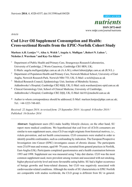 Cod Liver Oil Supplement Consumption and Health: Cross-Sectional Results from the EPIC-Norfolk Cohort Study