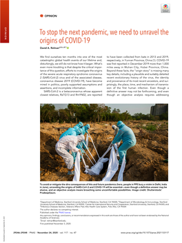 To Stop the Next Pandemic, We Need to Unravel the Origins of COVID-19 David A