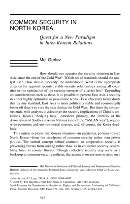 Common Security in North Korea: Quest for a New Paradigm in Inter