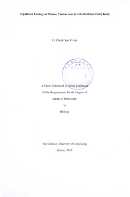 Population Ecology of Marine Cladocerans in Tolo Harbour, Hong Kong LI, Cheuk Yan Vivian a Thesis Submitted