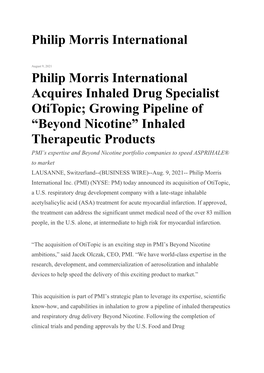 Philip Morris International Acquires Inhaled Drug Specialist Otitopic