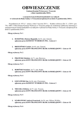 OBWIESZCZENIE Gminnej Komisji Wyborczej W Troszynie Z Dnia 4 Października 2018 R